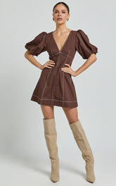 Tallie Mini Dress - Linen Puff Sleeve A Line Dress in Chocolate
